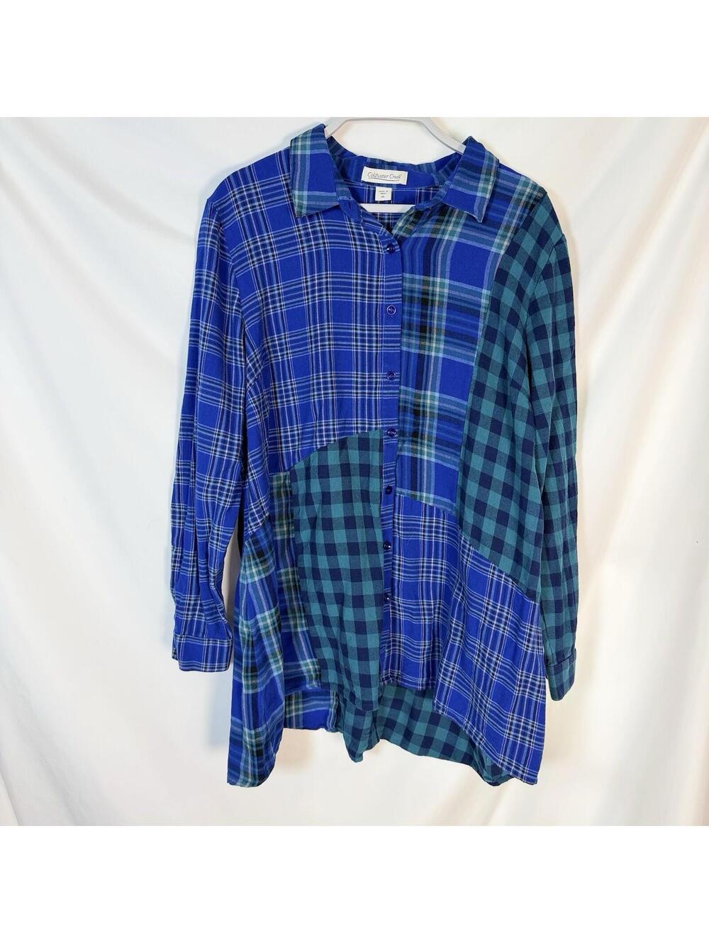 Coldwater Creek Into the Mix Plaid Tunic Stargazer Blue Green XL Cotton Blend